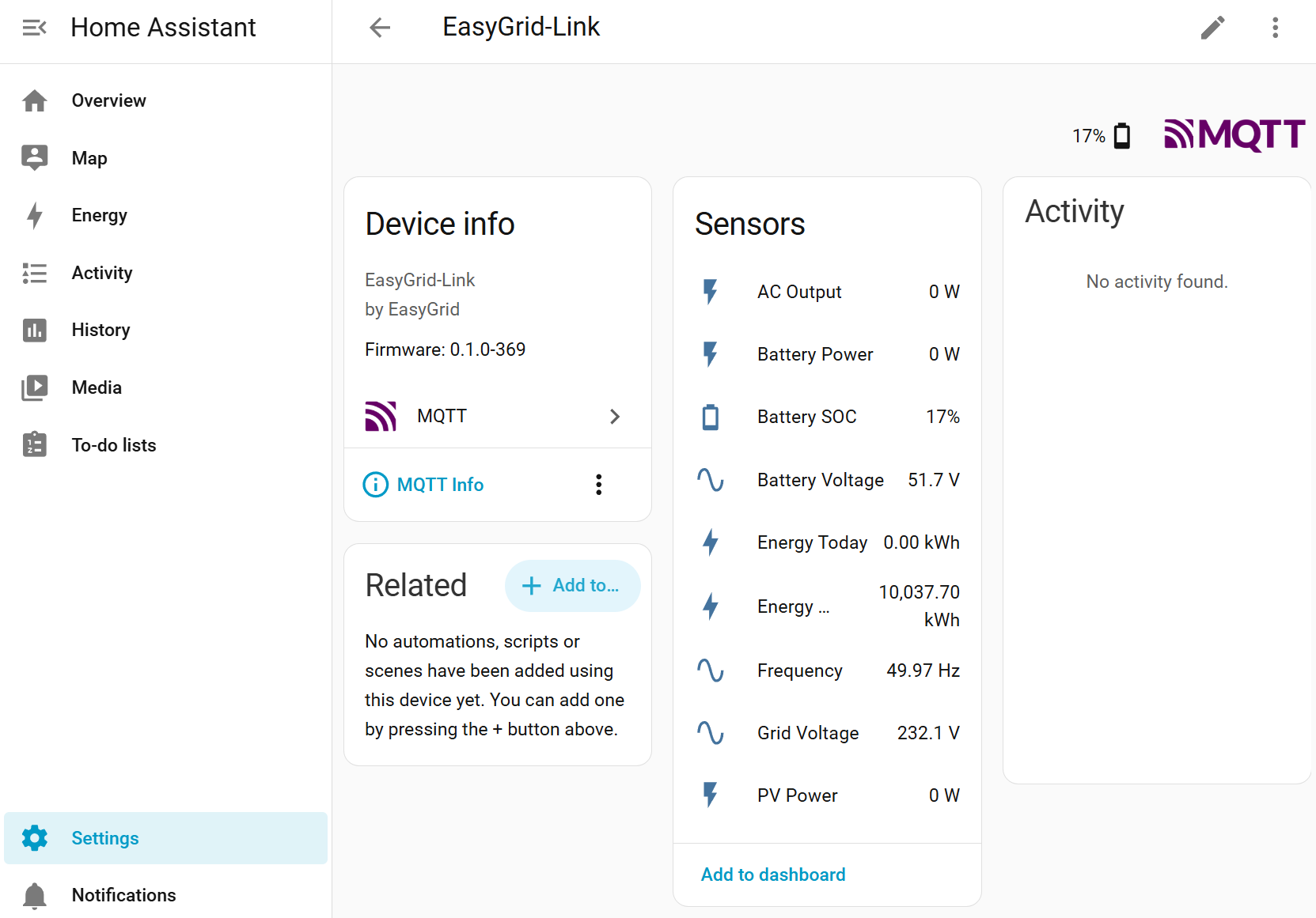 Sådan ser det ud i Home Assistant - EasyGrid